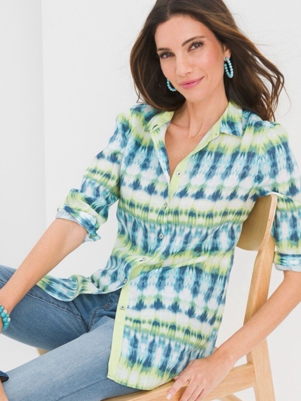 Chicos 100% Linen No Iron Watercolor tiedye Button Up Shirt